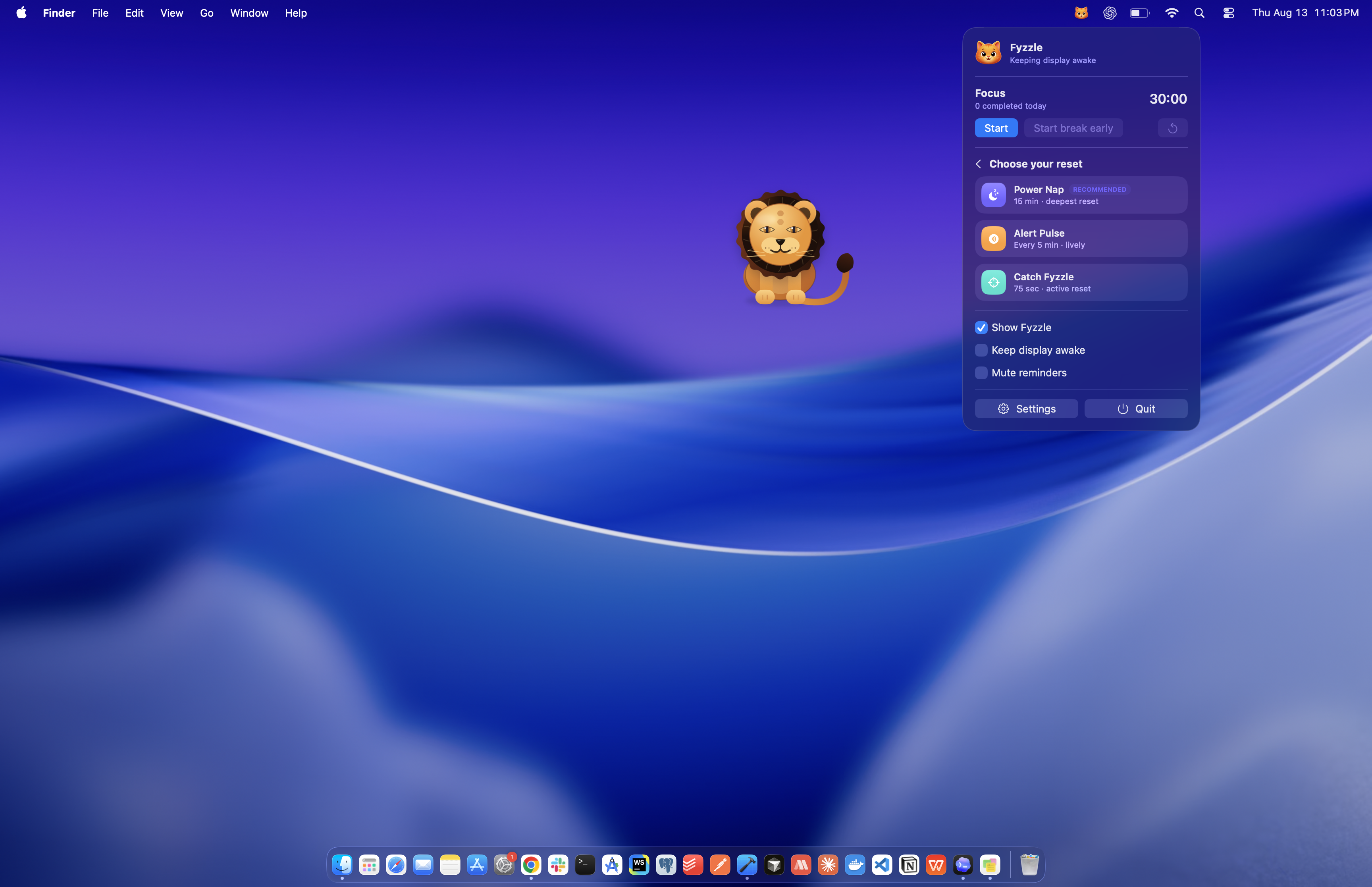 Fyzzle reset choices in the menu bar
